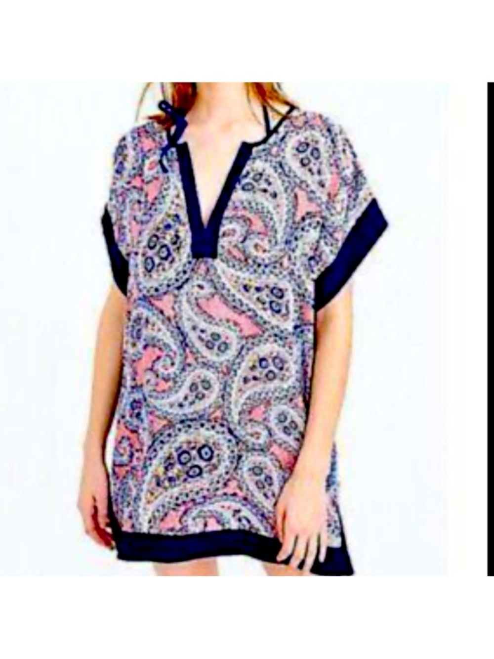 J Crew Navy Paisley V-Neck Short Sleeve Color Block Tunic Size Small